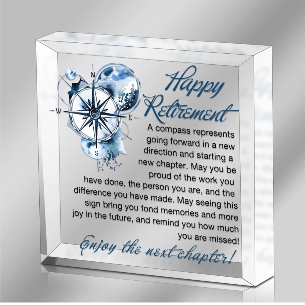 RETIREMENT GIFT: Happy Retirement Acrylic Desk Sign – 4x4 Paperweight Gift. NEW